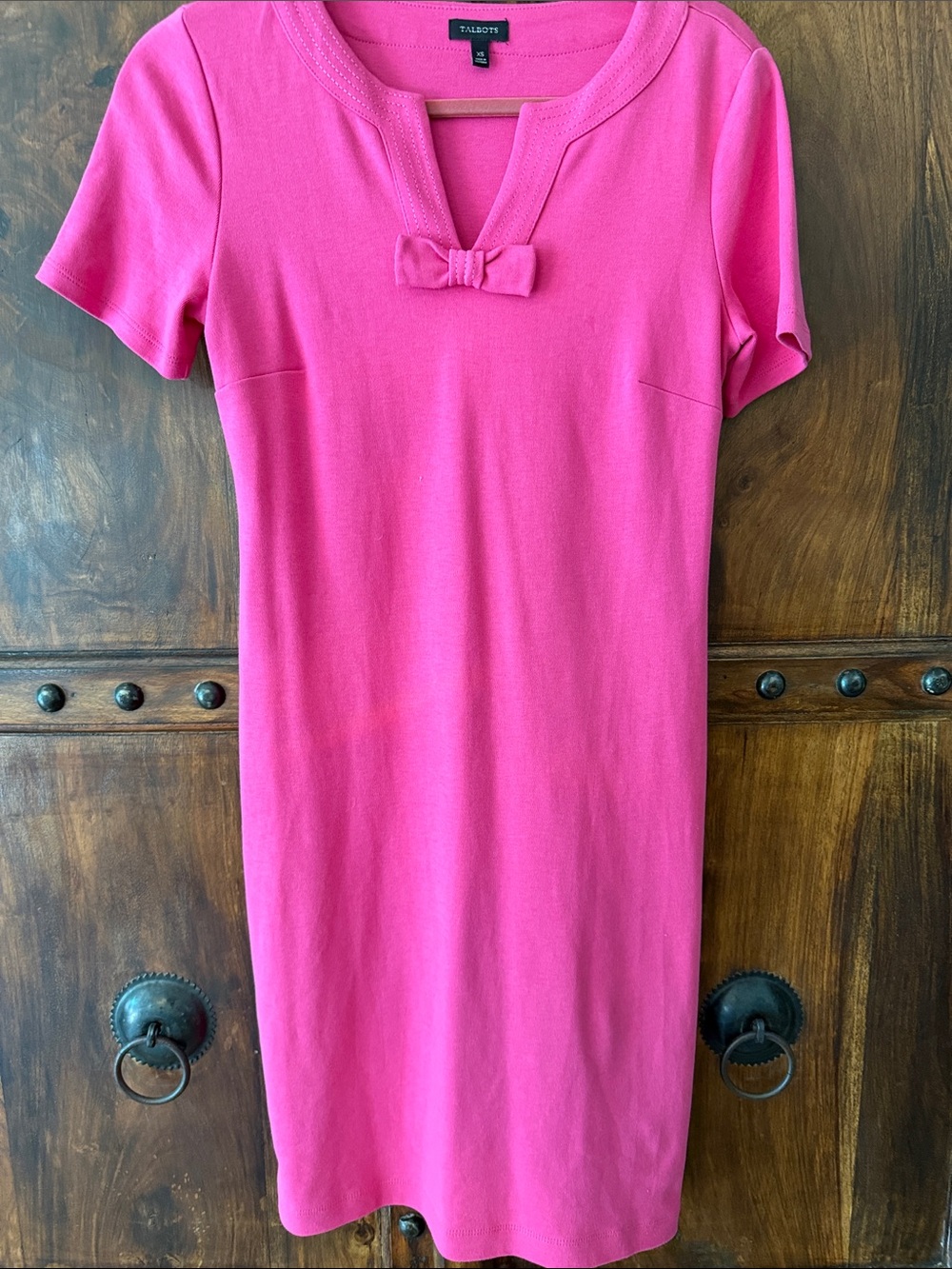 Talbots Bright Pink Short-Sleeve Sheath Dress with Neck Bow